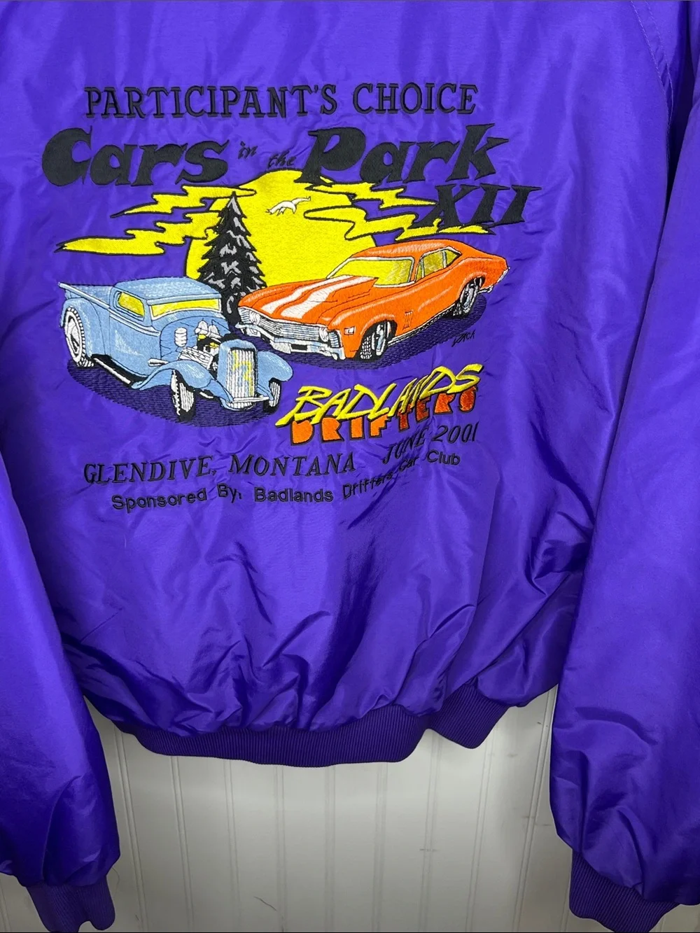Purple Bomber Jacket with Vintage Car Embroidery